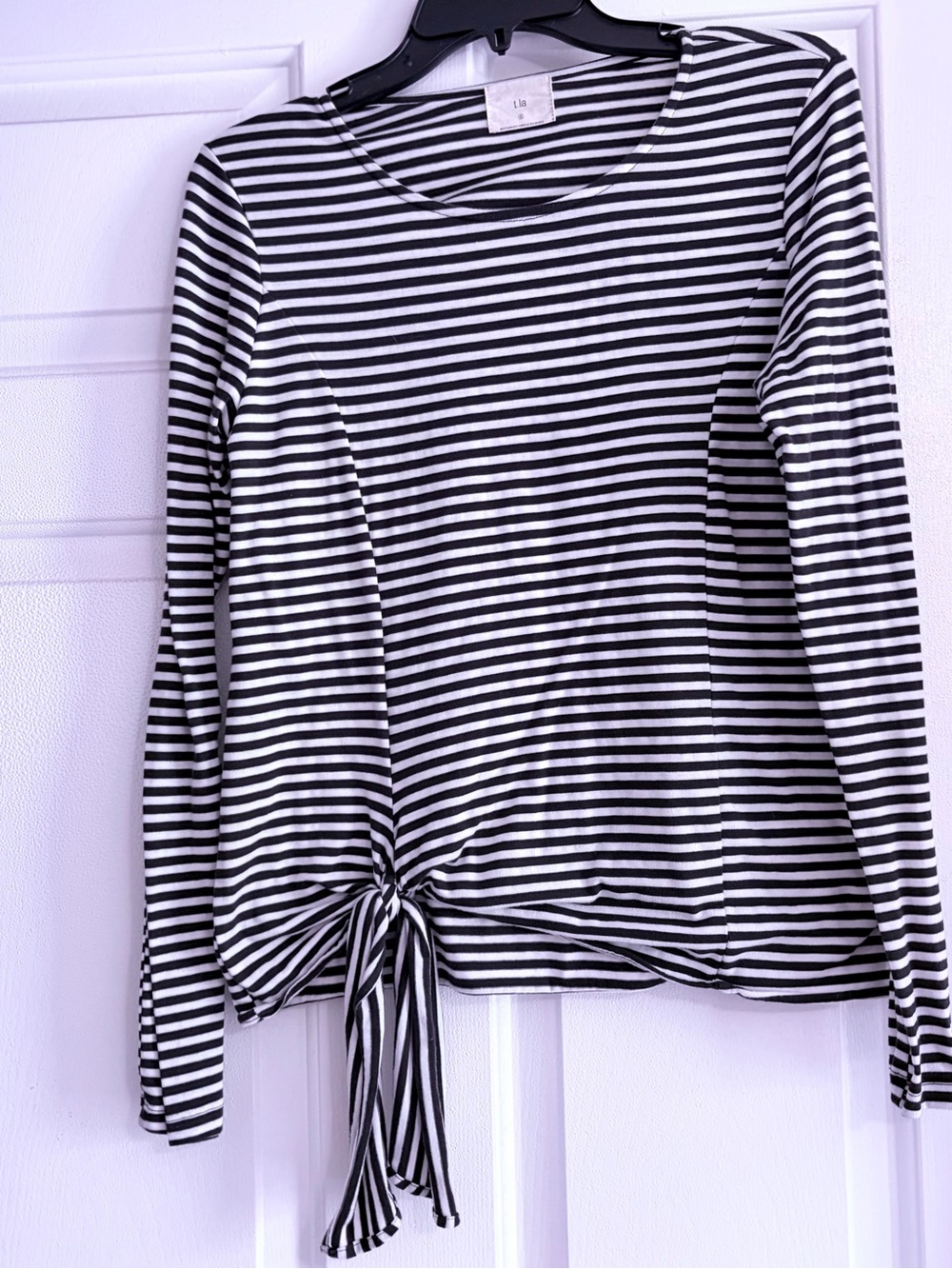 T.La Black and White Striped Long Sleeve Tie-Hem Top